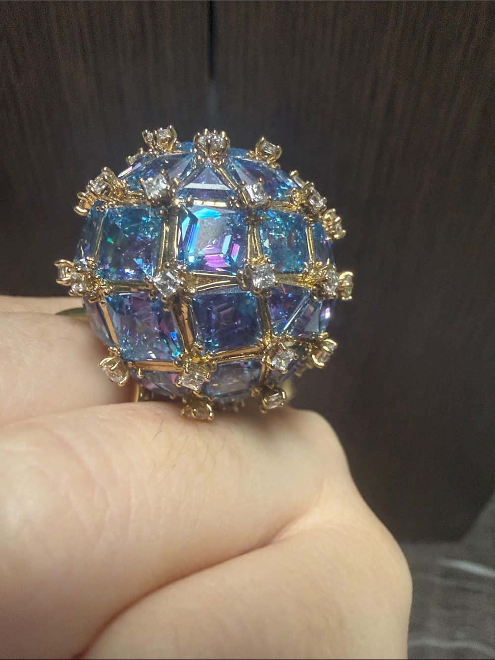 Swarovski Gold Ring with Iridescent Blue-Purple Crystal Dome - Picture 14 of 17